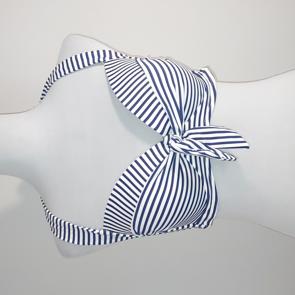 Apt.9 White Navy Blue Striped Bandeau Swim Top Halter Neck Bikini Size Large NWT